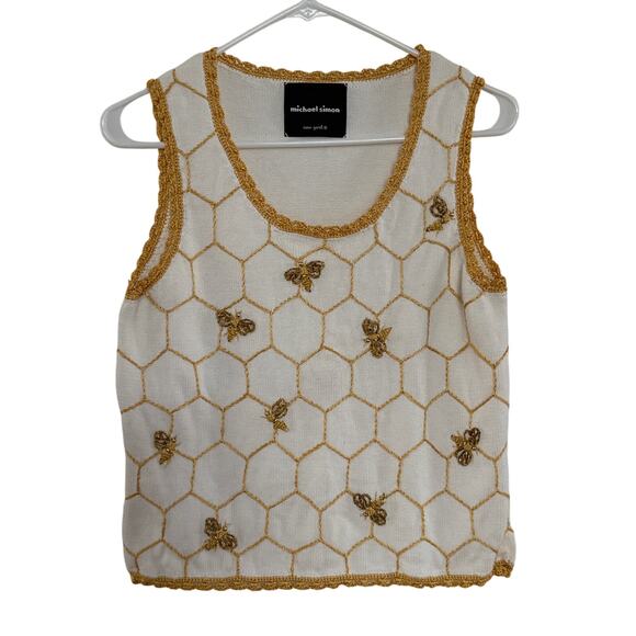 Y2K Michael Simon Knit crochet Bumblebee beaded Vest white gold yellow S/M - Picture 1 of 12